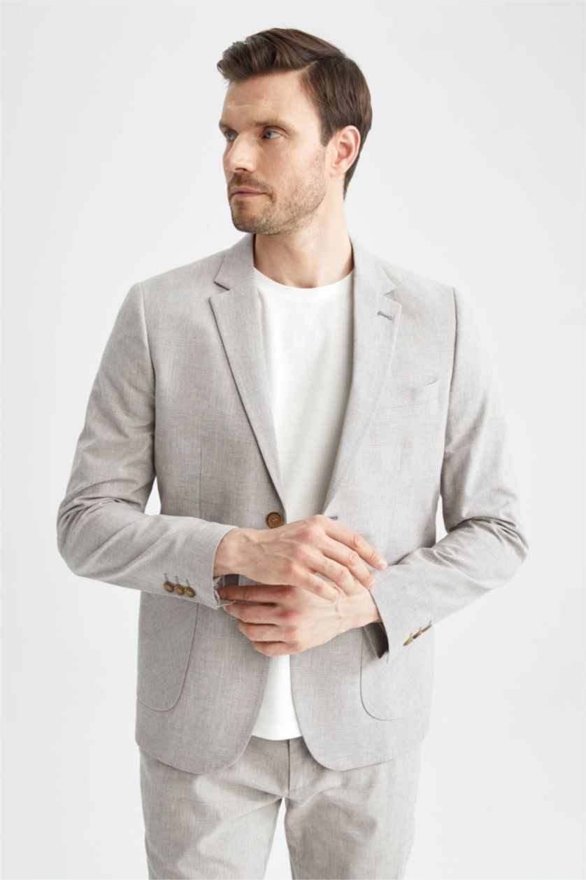 رجالي ميلانج رمادي جاكيت بليزر مودرن فيت ممزوج بالكتان