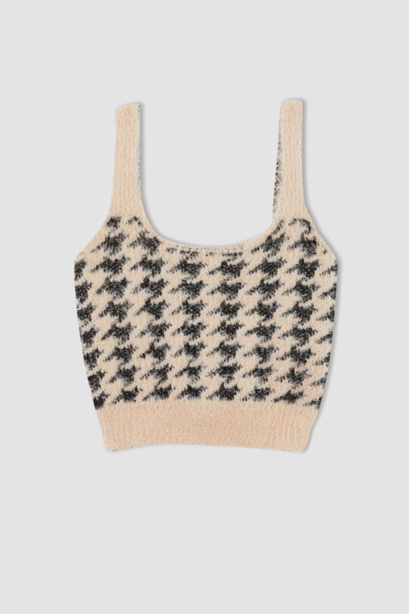 Kadın Bej Slim Fit Kare Yaka Dama Desenli Crop Atlet