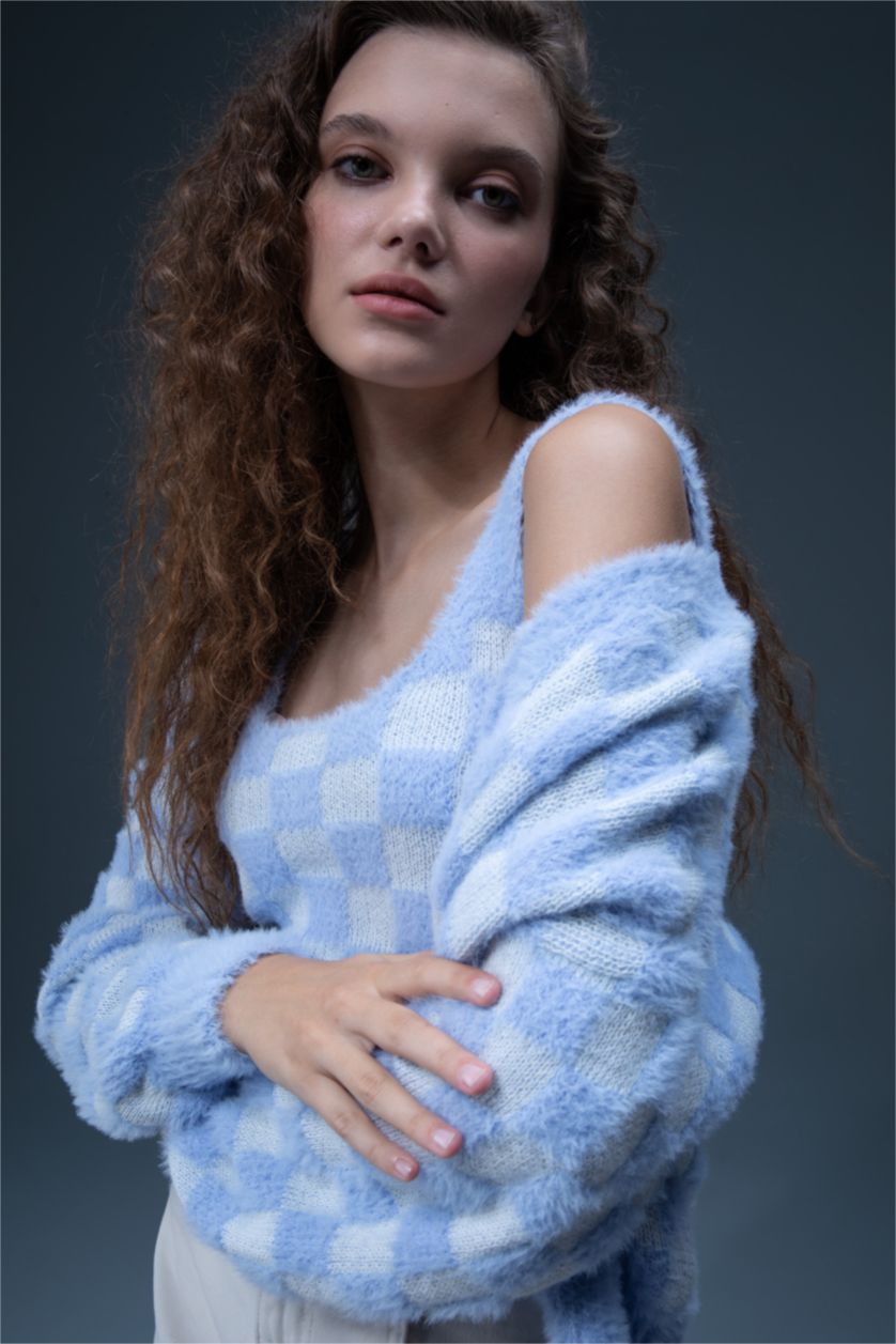 WOMAN Blue Cool Slim Fit Square Neck Checker Pattern Plush Singlet