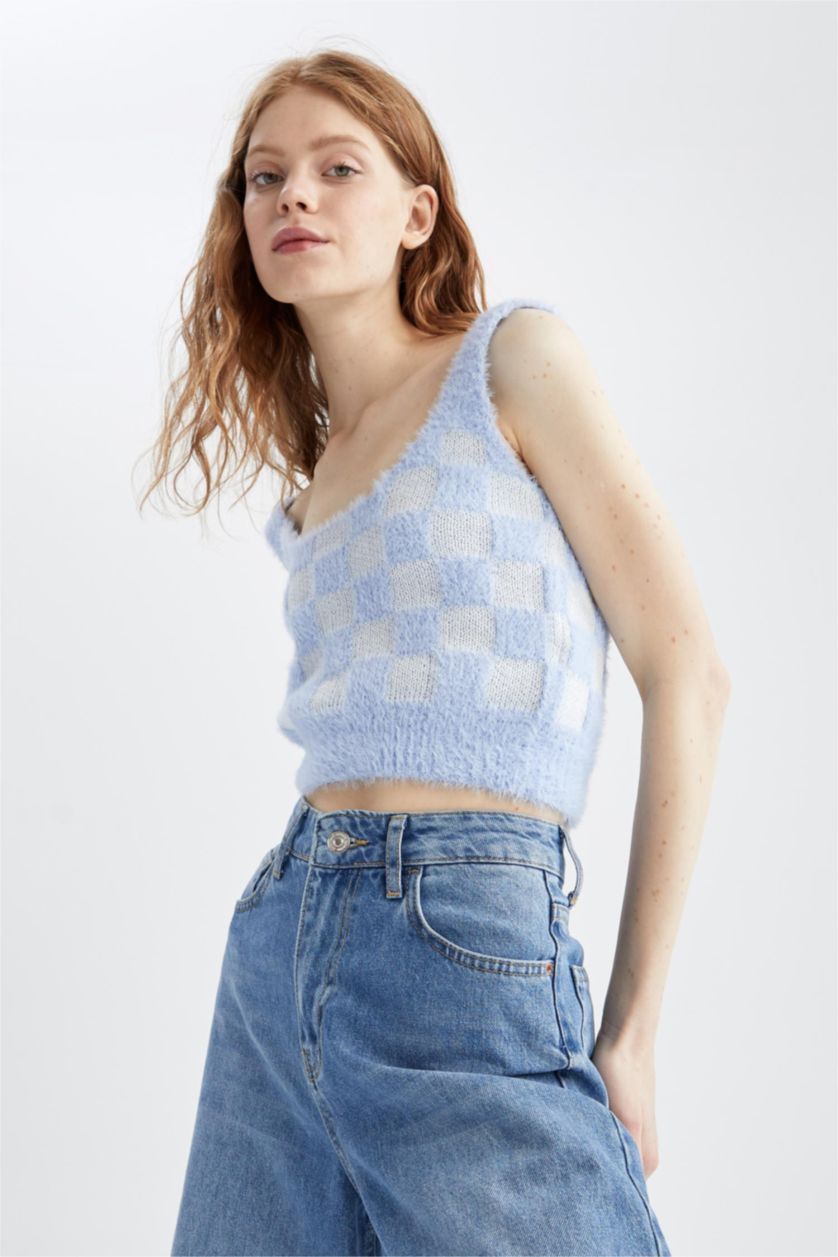 WOMAN Blue Cool Slim Fit Square Neck Checker Pattern Plush Singlet