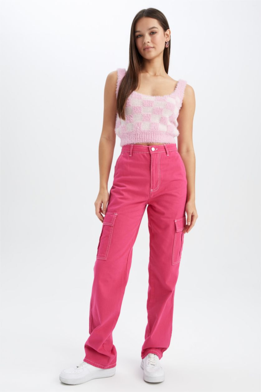 Kadın Pembe Coool Slim Fit Kare Yaka Dama Desenli Pelüş Atlet