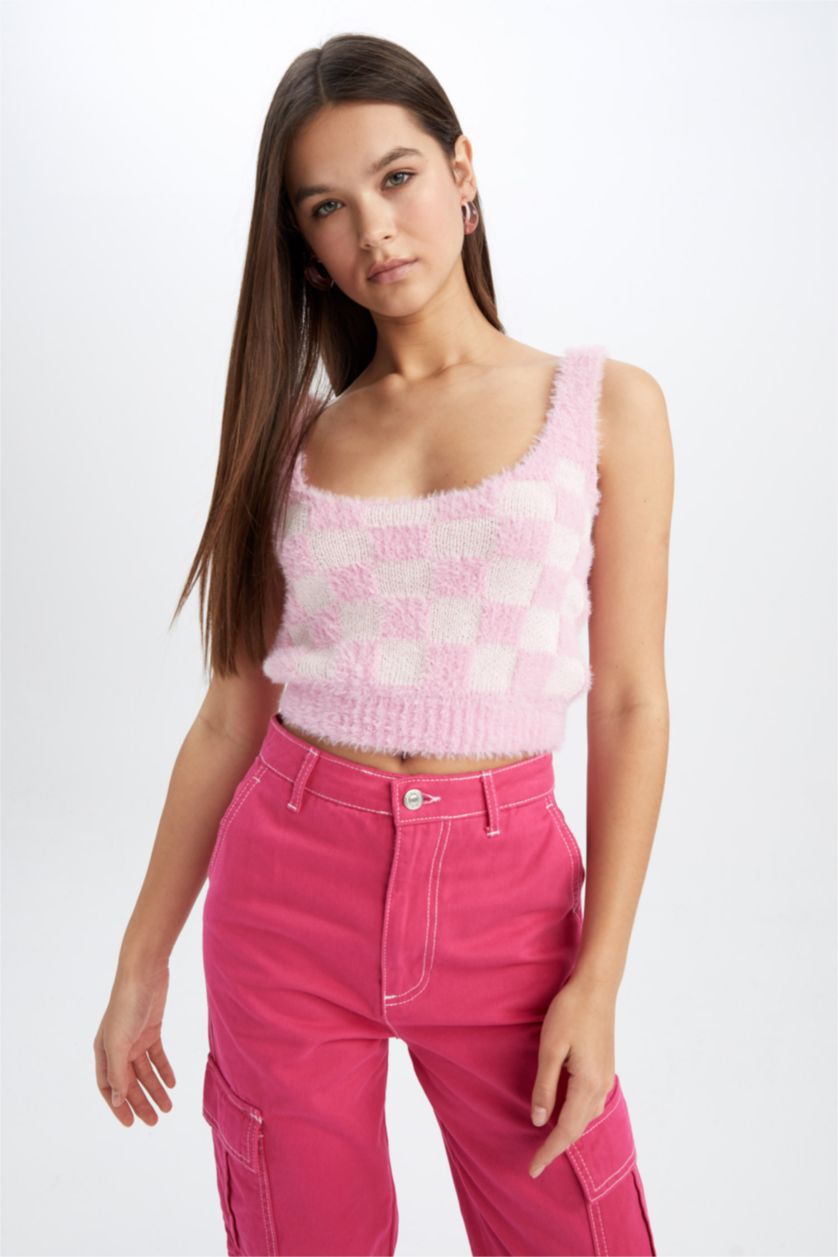 Kadın Pembe Coool Slim Fit Kare Yaka Dama Desenli Pelüş Atlet