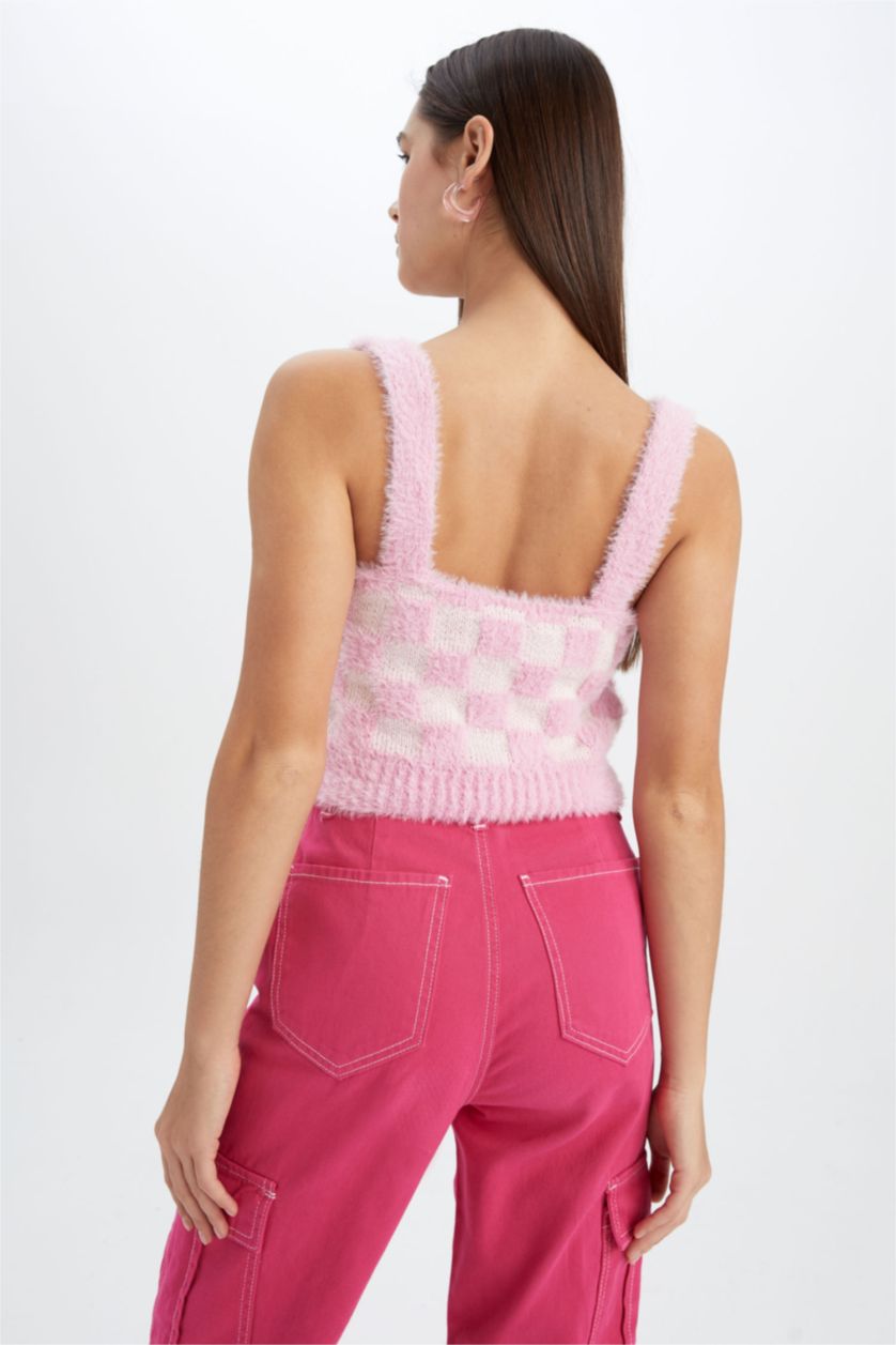 Kadın Pembe Coool Slim Fit Kare Yaka Dama Desenli Pelüş Atlet