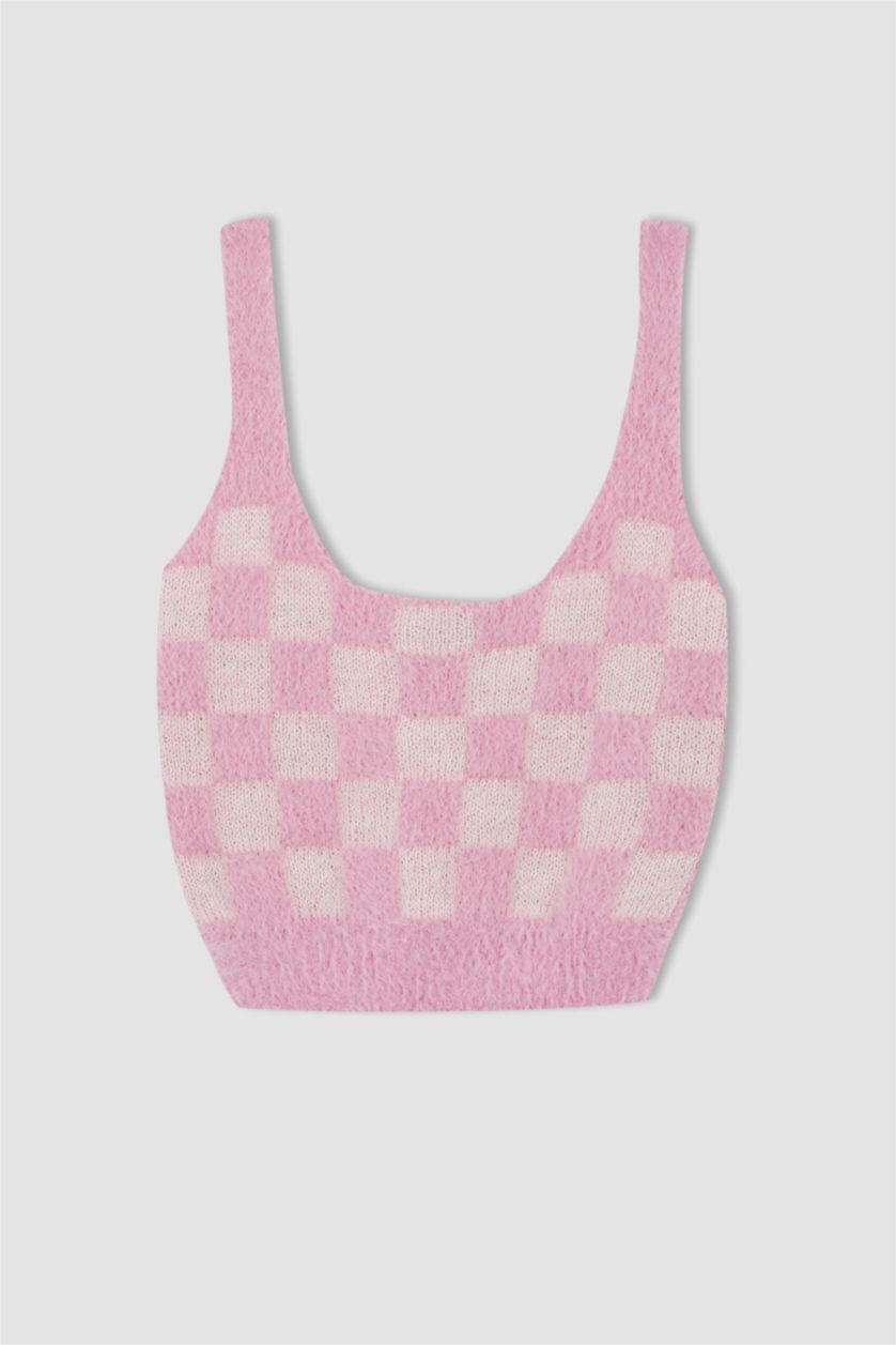 Kadın Pembe Coool Slim Fit Kare Yaka Dama Desenli Pelüş Atlet