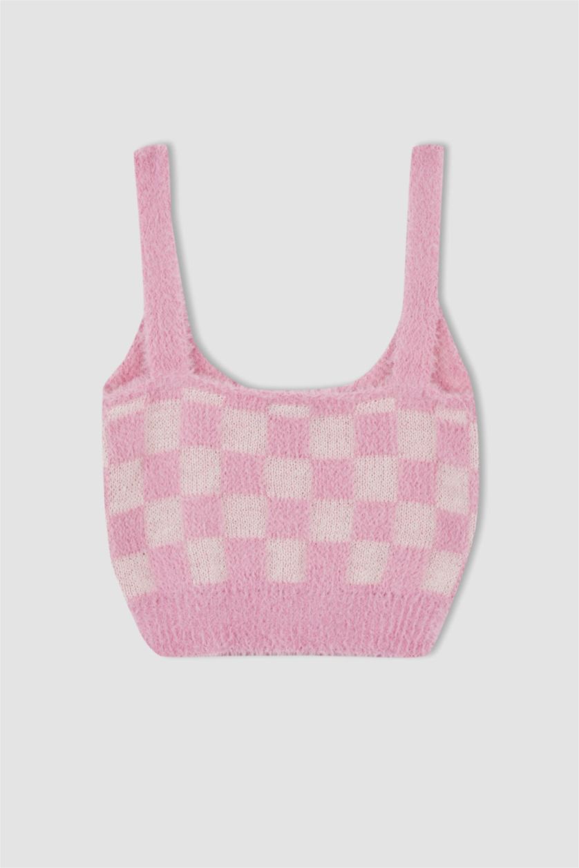 Kadın Pembe Coool Slim Fit Kare Yaka Dama Desenli Pelüş Atlet