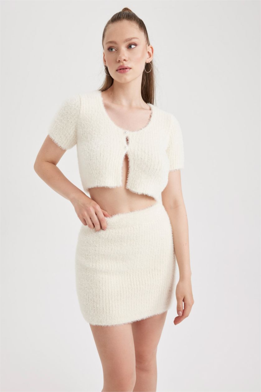 Kadın Ekru Slım Fıt Mini Etek