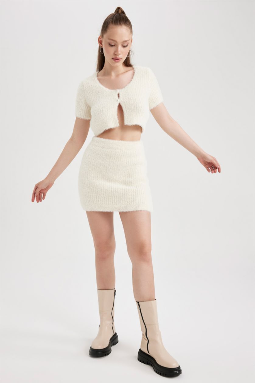 Kadın Ekru Slım Fıt Mini Etek
