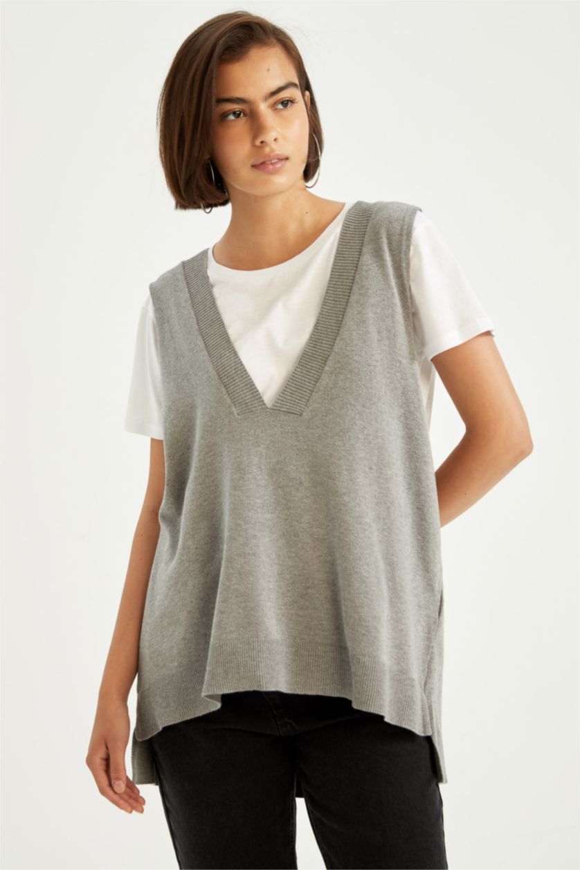 WOMAN Grey Melange Oversize Fit V-Neck