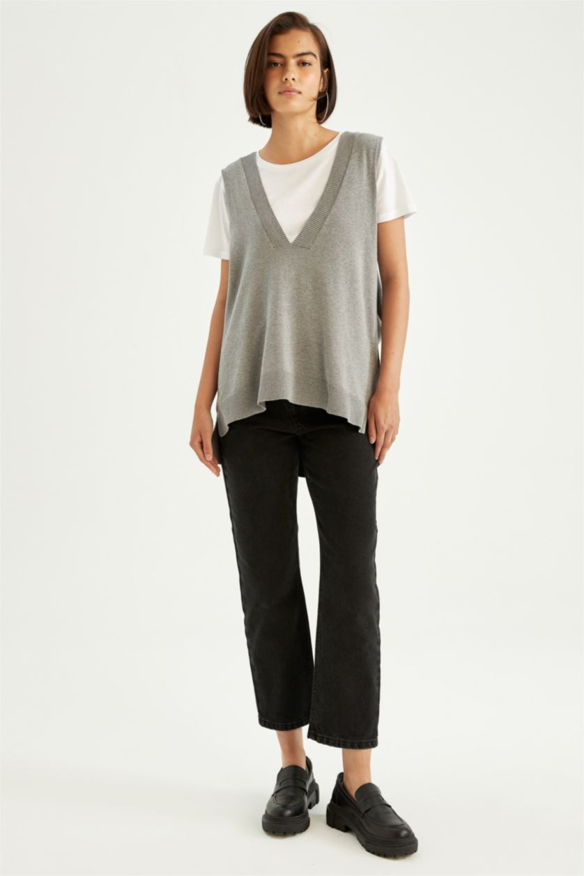 WOMAN Grey Melange Oversize Fit V-Neck