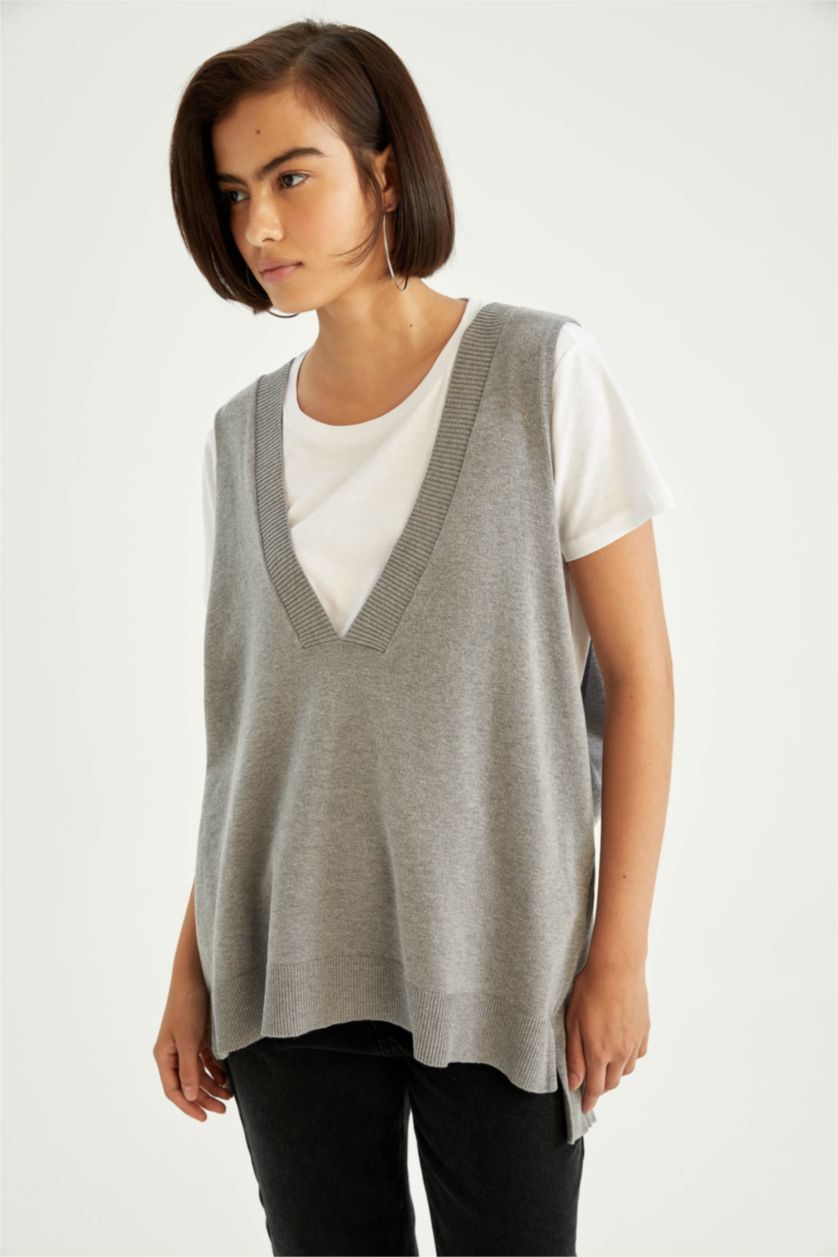 WOMAN Grey Melange Oversize Fit V-Neck