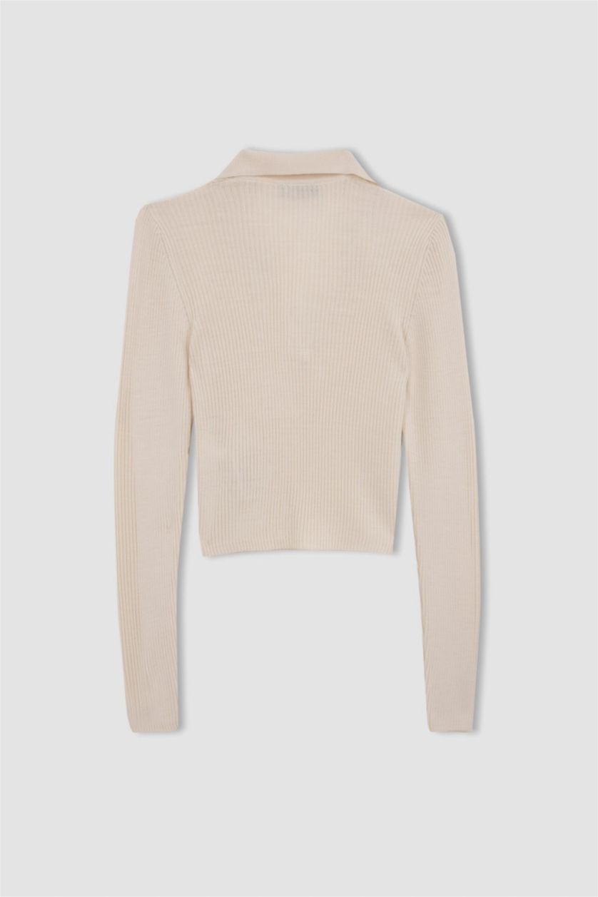 FEMME Beige Pull Slim en tricot à col Polo