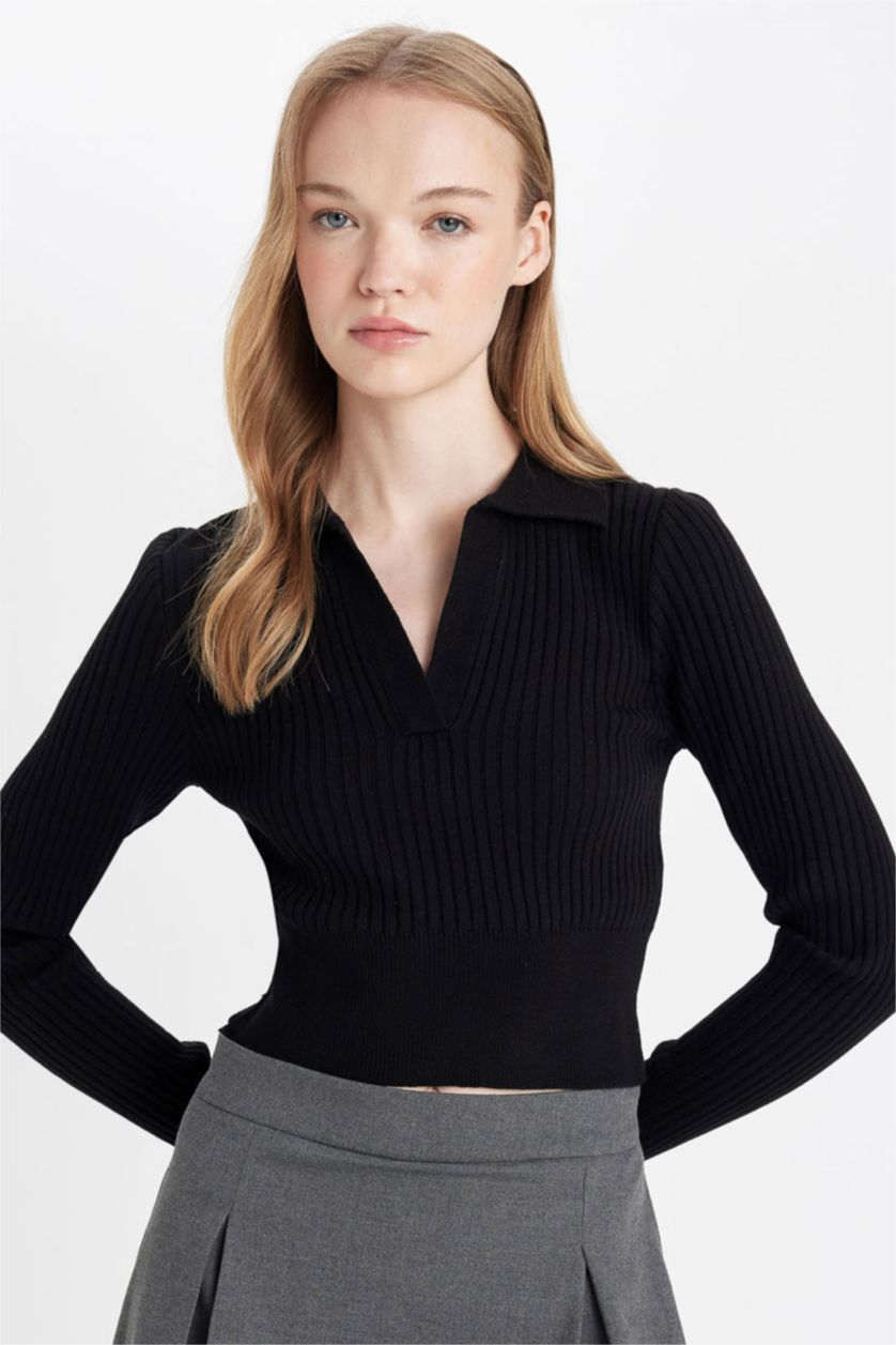 Kadın Siyah Slim Fit Dar Kesim Polo Yaka Crop Triko Kazak