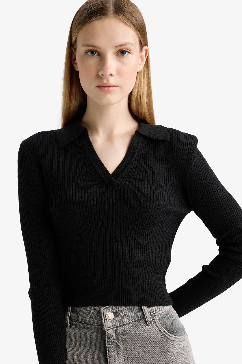 Kadın Siyah Slim Fit Dar Kesim Polo Yaka Triko Kazak