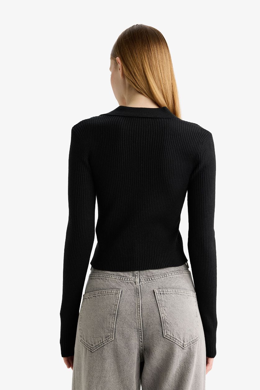 Kadın Siyah Slim Fit Dar Kesim Polo Yaka Triko Kazak