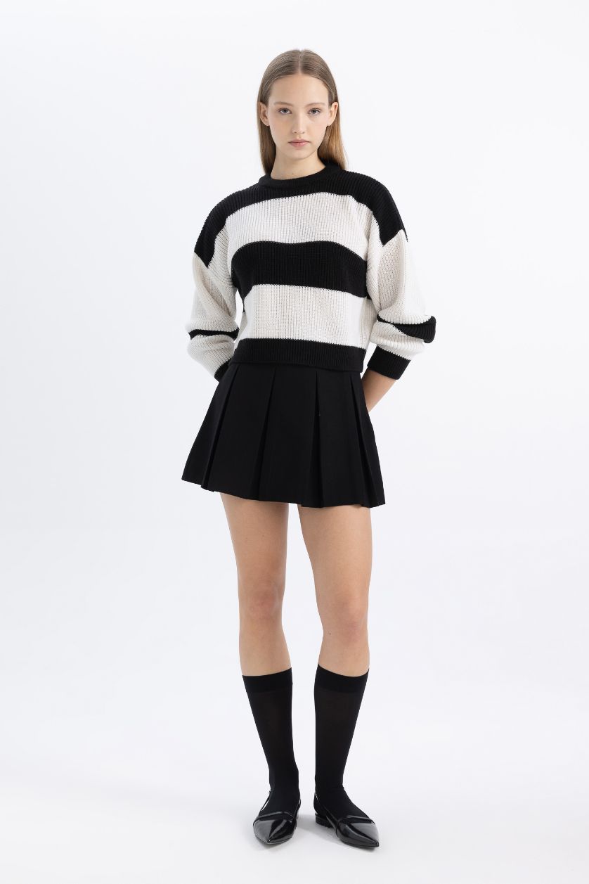 WOMAN Black Oversize Fit Striped Crew Neck Pullover