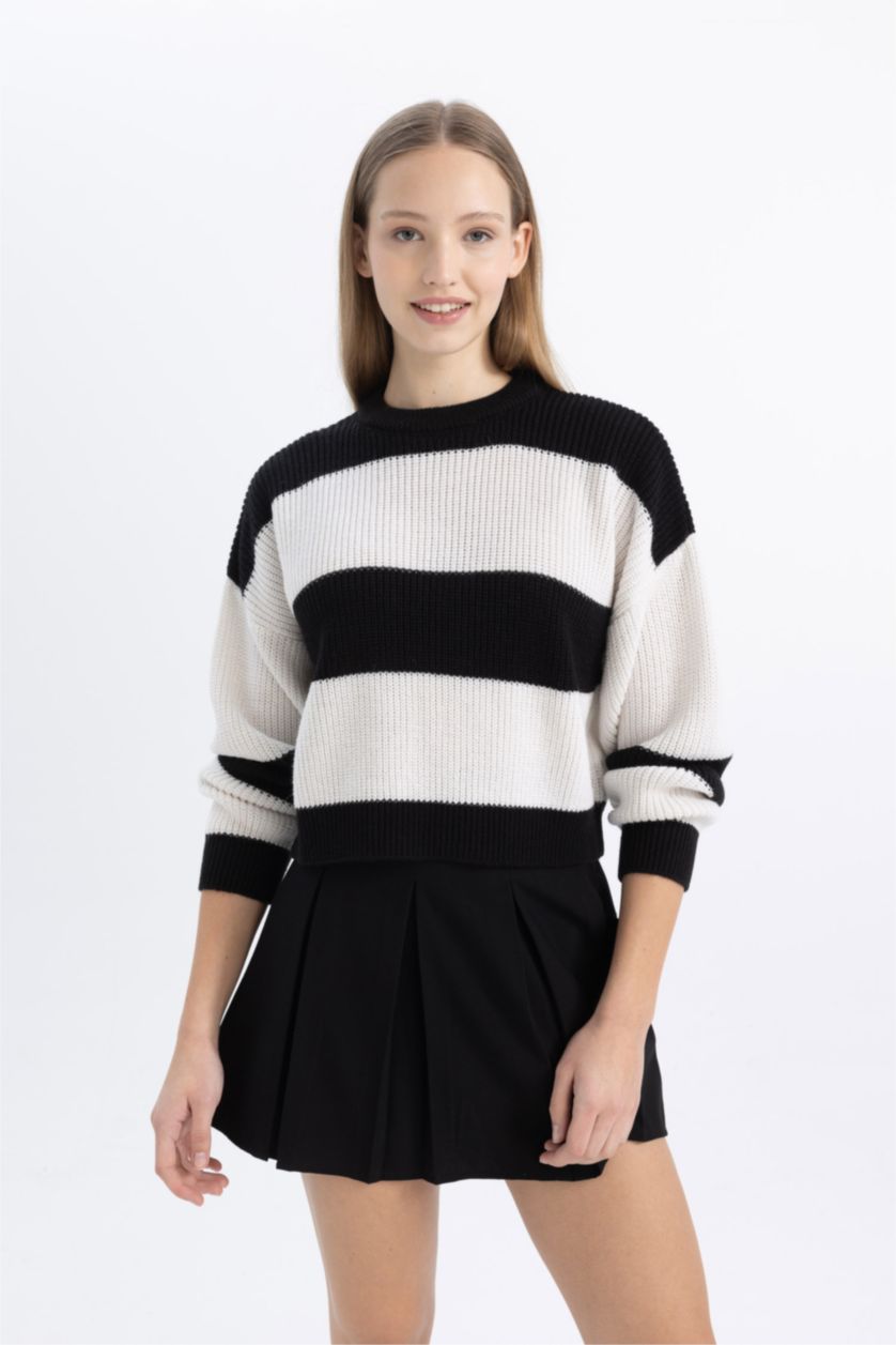 WOMAN Black Oversize Fit Striped Crew Neck Pullover
