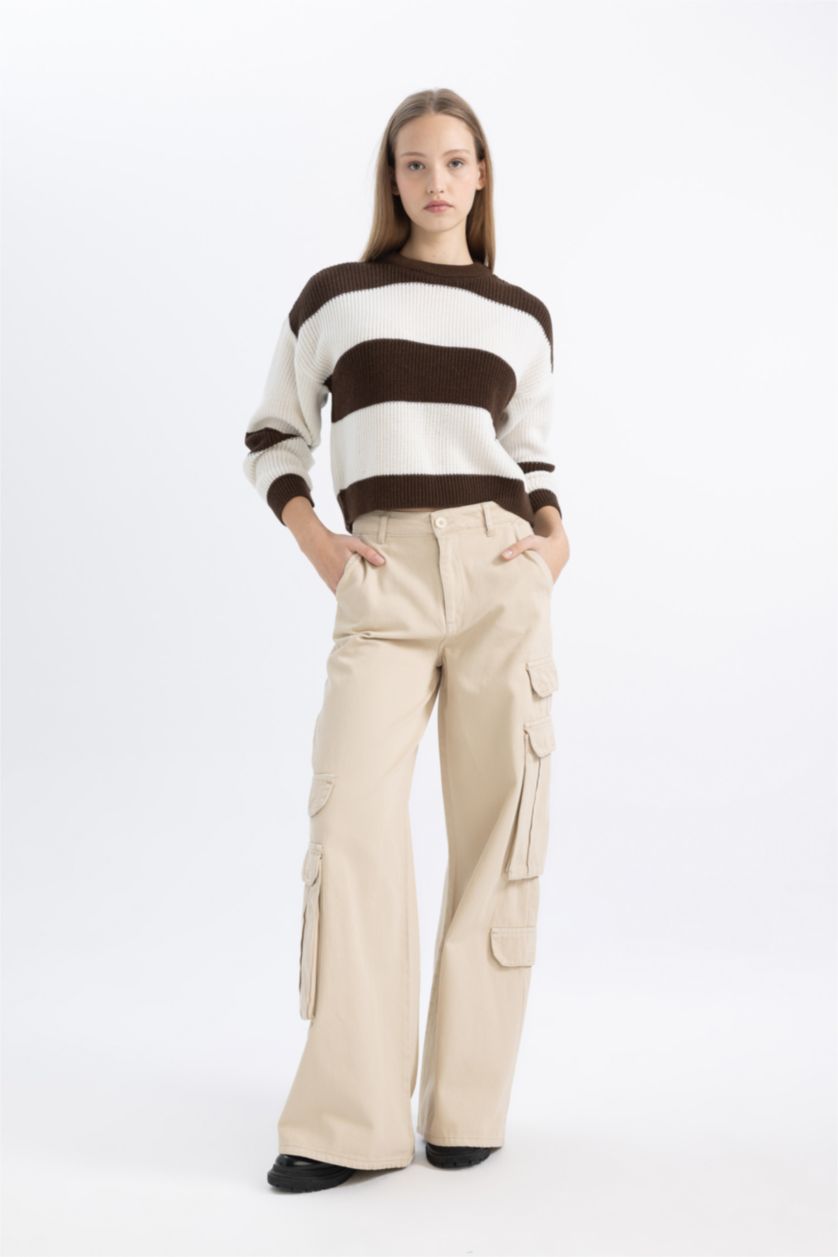 Kadın Kahve Oversize Geniş Kalıp Bisiklet Yaka Çizgili Triko Kazak