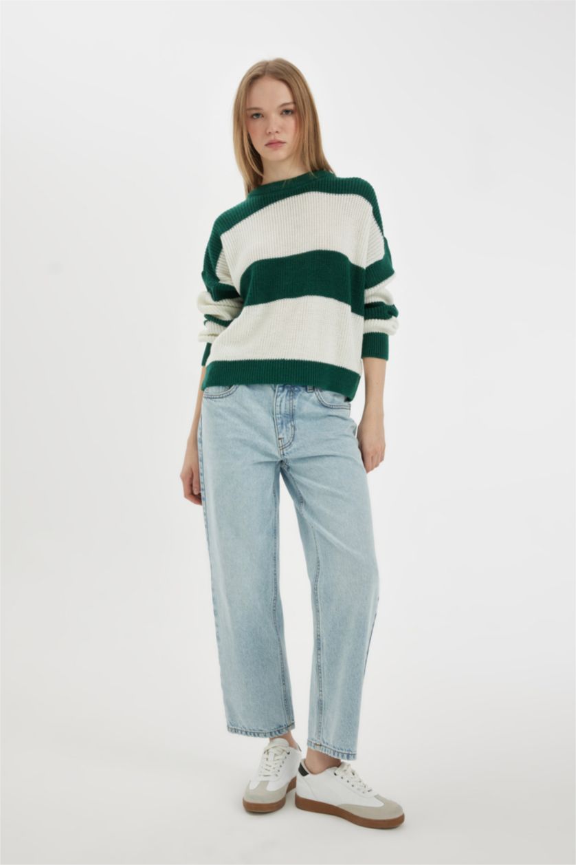 Kadın Yeşil Oversize Geniş Kalıp Bisiklet Yaka Çizgili Triko Kazak