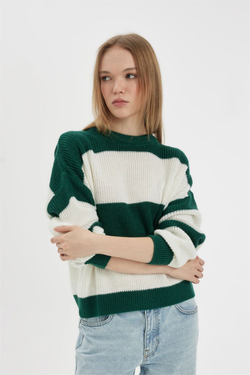 Kadın Yeşil Oversize Geniş Kalıp Bisiklet Yaka Çizgili Triko Kazak