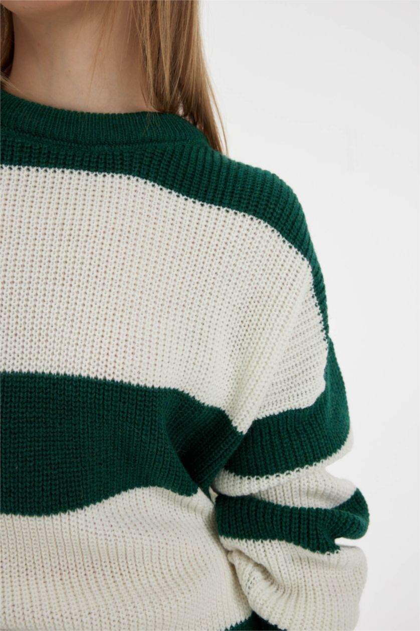 Kadın Yeşil Oversize Geniş Kalıp Bisiklet Yaka Çizgili Triko Kazak