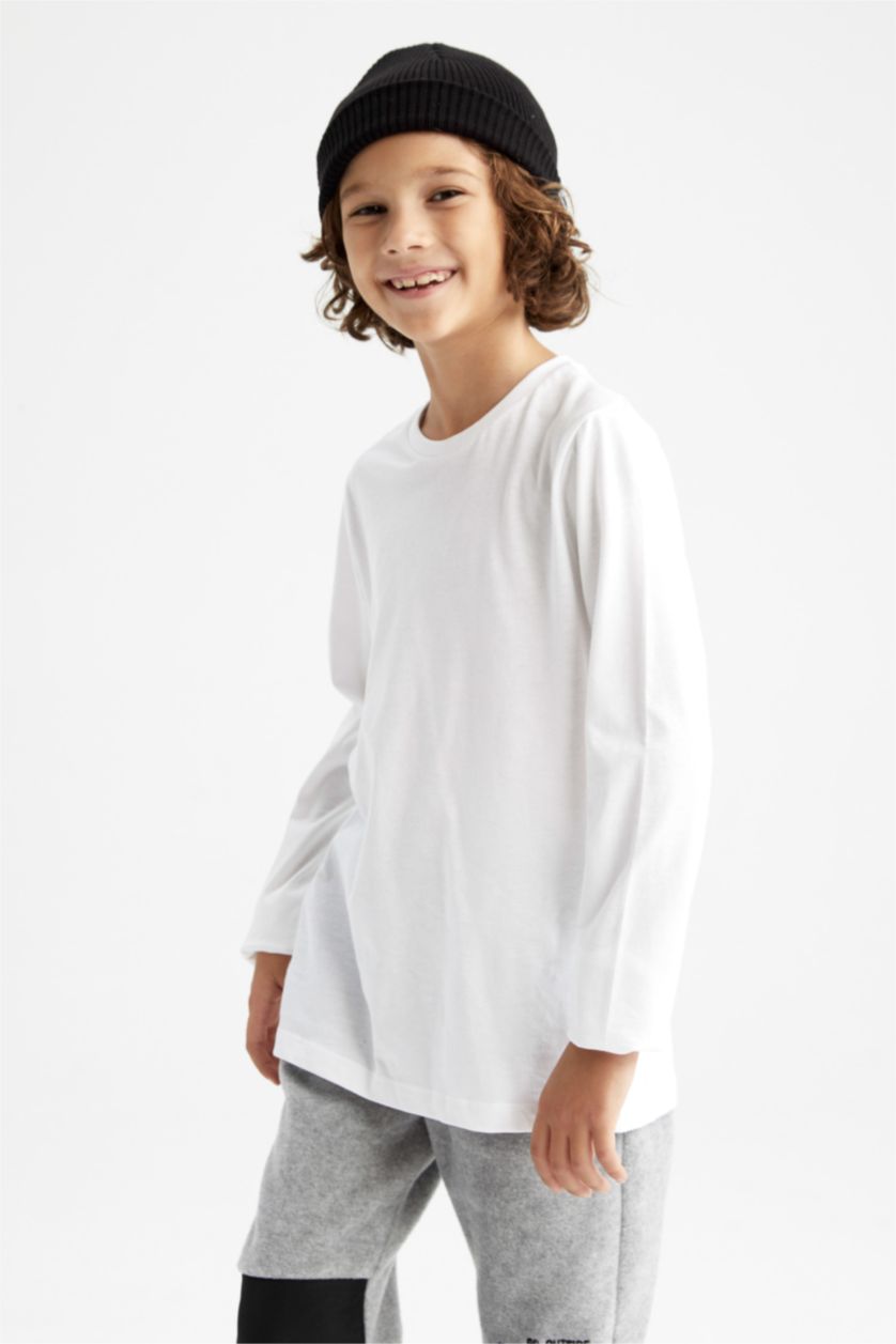 أولادي أبيض تيشيرت اولادي كم طويل برقبة دائرية ممشط - قطعتين