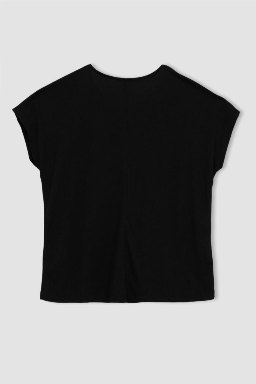 حريمي أسود تي شيرت نص كم برقبة مستديرة