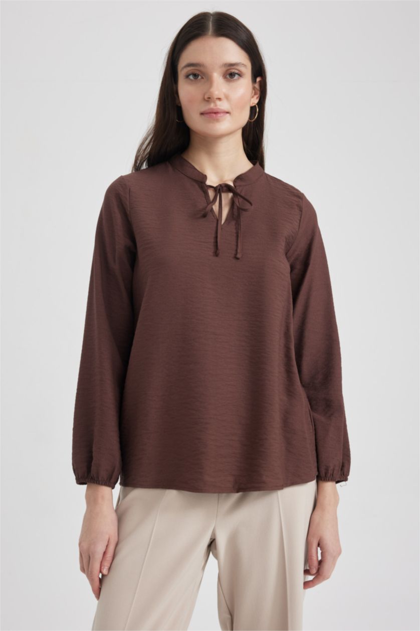 FEMME Marron Chemisiers à manches longues Coupe Régulière Col arrondi