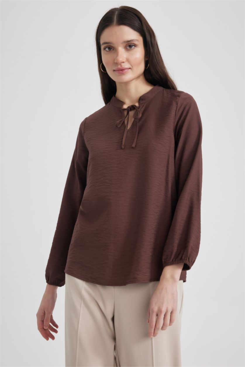 FEMME Marron Chemisiers à manches longues Coupe Régulière Col arrondi