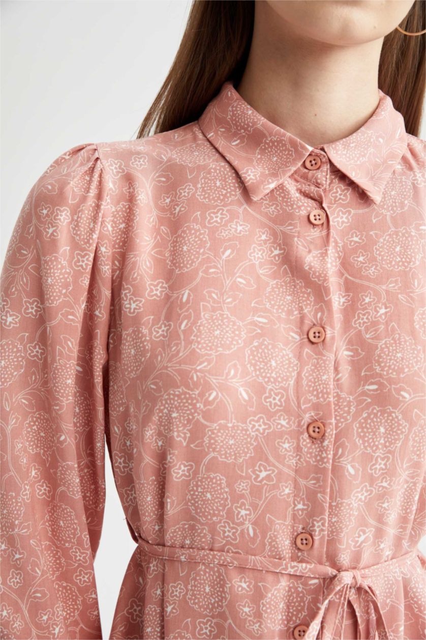 FEMME Écru Tunique-chemise en viscose à manches longues et motif floral coupe classique avec détail à nouer à la taille