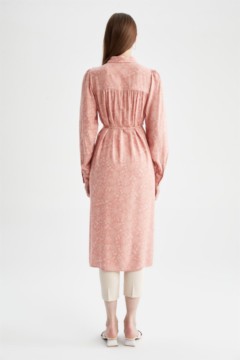 FEMME Écru Tunique-chemise en viscose à manches longues et motif floral coupe classique avec détail à nouer à la taille