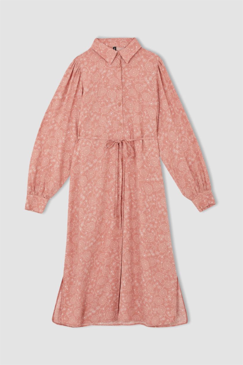 FEMME Écru Tunique-chemise en viscose à manches longues et motif floral coupe classique avec détail à nouer à la taille