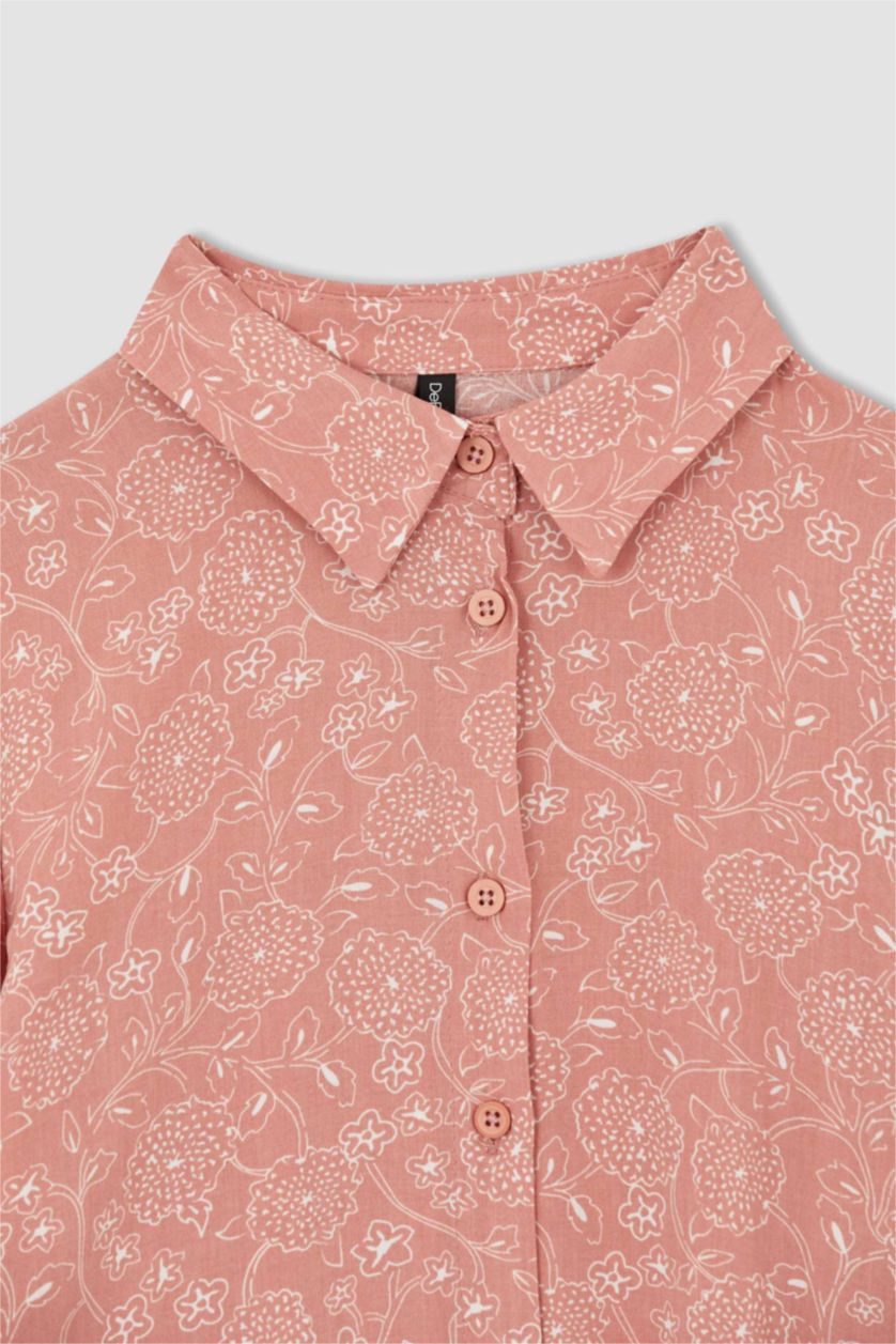 FEMME Écru Tunique-chemise en viscose à manches longues et motif floral coupe classique avec détail à nouer à la taille