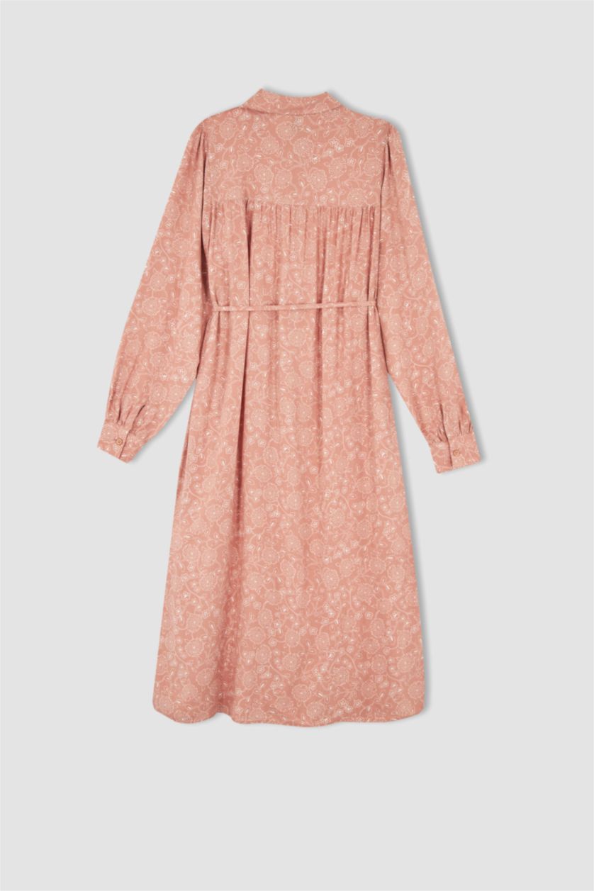 FEMME Écru Tunique-chemise en viscose à manches longues et motif floral coupe classique avec détail à nouer à la taille