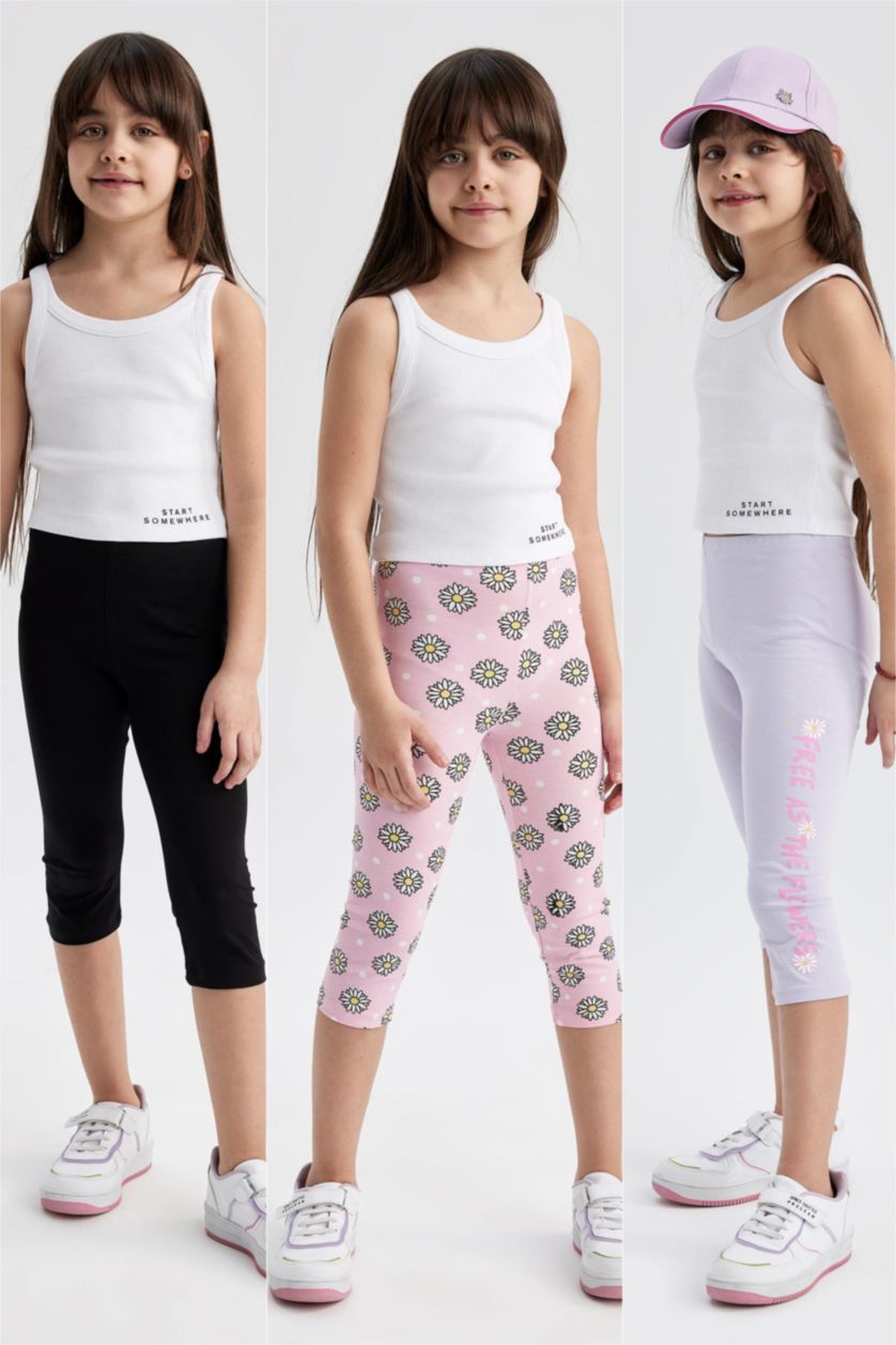 FILLES Violet Clair Lot de 3 collants capri garçon à motifs floraux pour fille