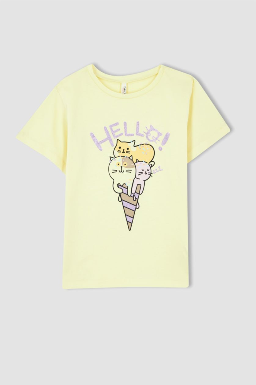 GIRLS & TEENS Light Yellow Girl Regular Fit Printed Short Sleeve T-Shirt