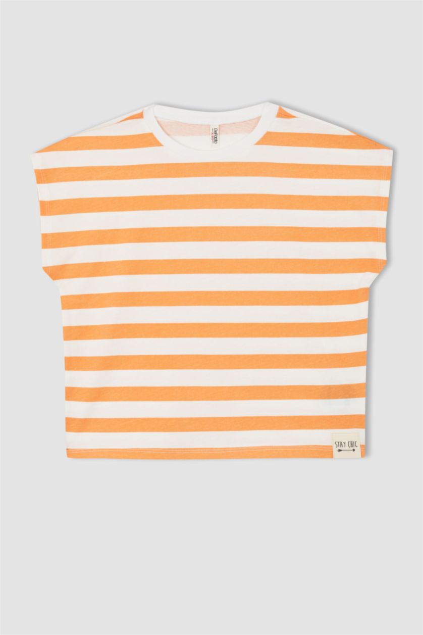 بنات سيموني تي شيرت بناتي مخطط نص كم