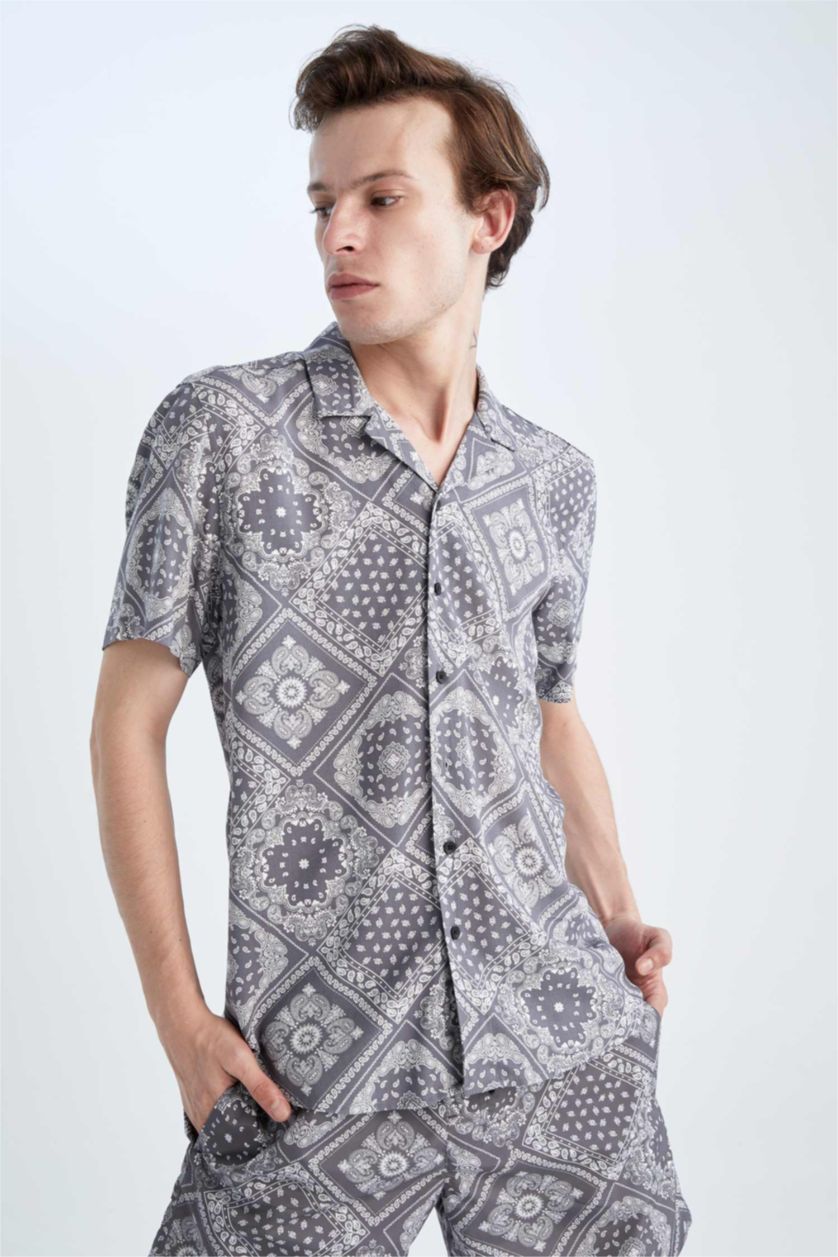 MAN Dark Anthracite Regular Fit Apache Neck Viscose Printed Short Sleeve Shirt