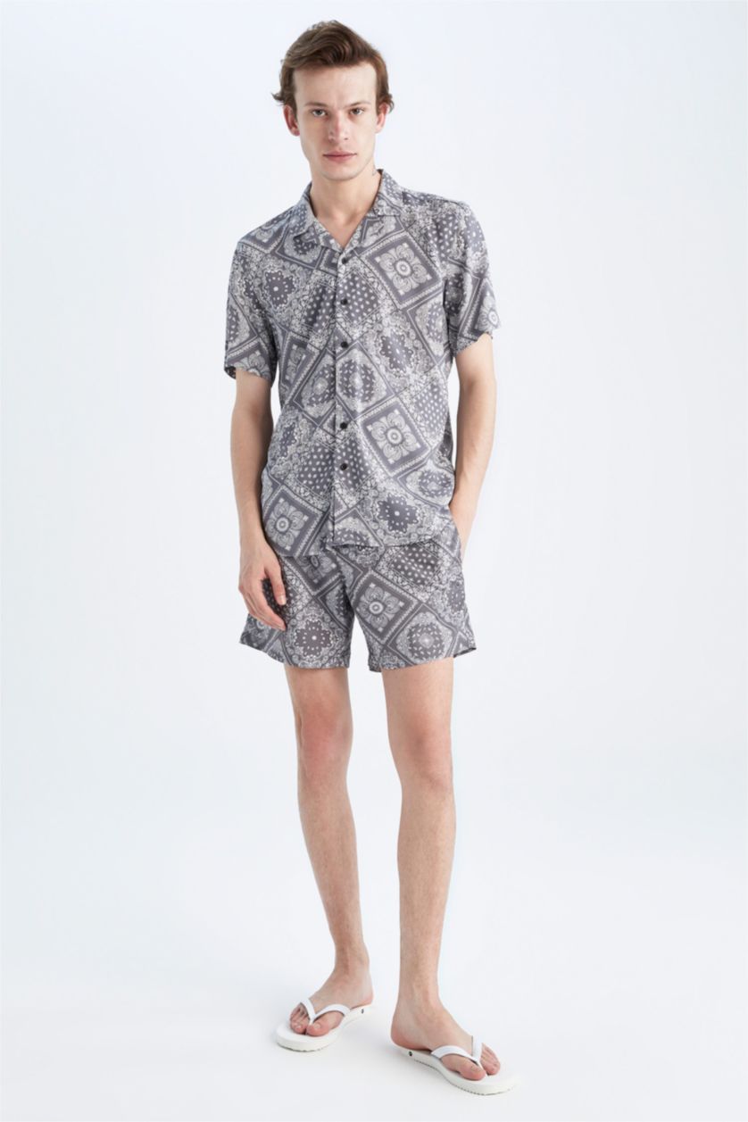 MAN Dark Anthracite Regular Fit Apache Neck Viscose Printed Short Sleeve Shirt