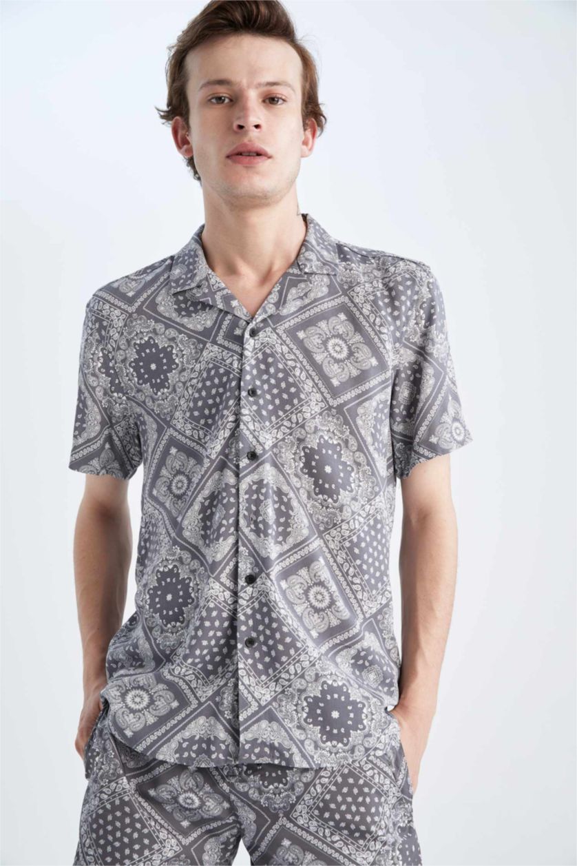 MAN Dark Anthracite Regular Fit Apache Neck Viscose Printed Short Sleeve Shirt