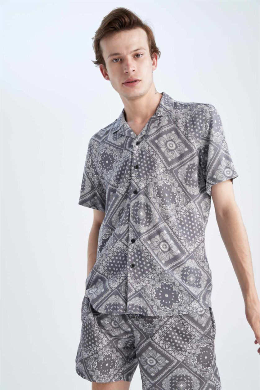 MAN Dark Anthracite Regular Fit Apache Neck Viscose Printed Short Sleeve Shirt