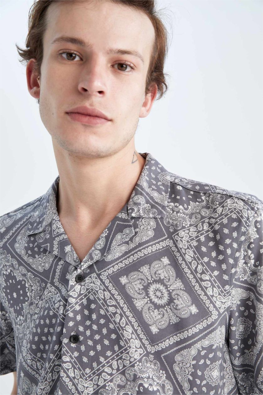 MAN Dark Anthracite Regular Fit Apache Neck Viscose Printed Short Sleeve Shirt