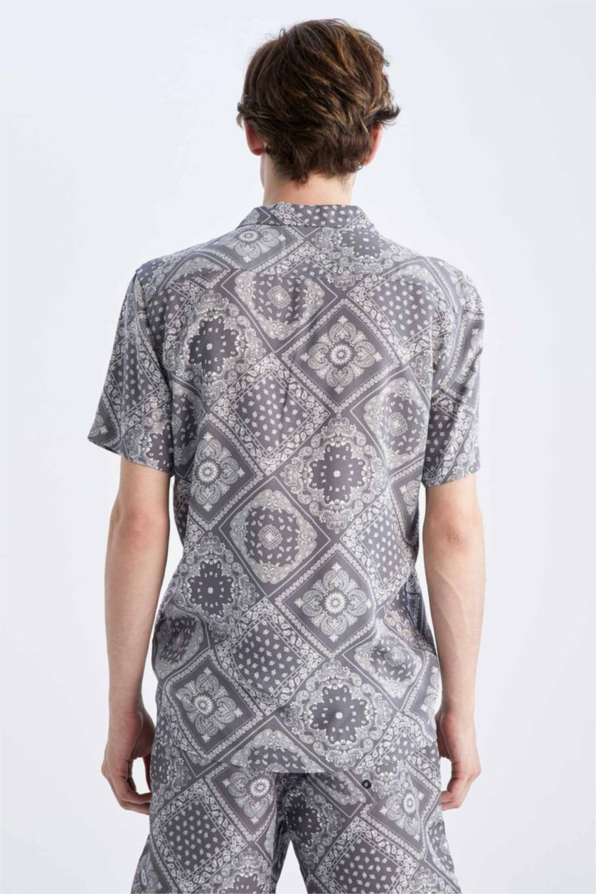 MAN Dark Anthracite Regular Fit Apache Neck Viscose Printed Short Sleeve Shirt