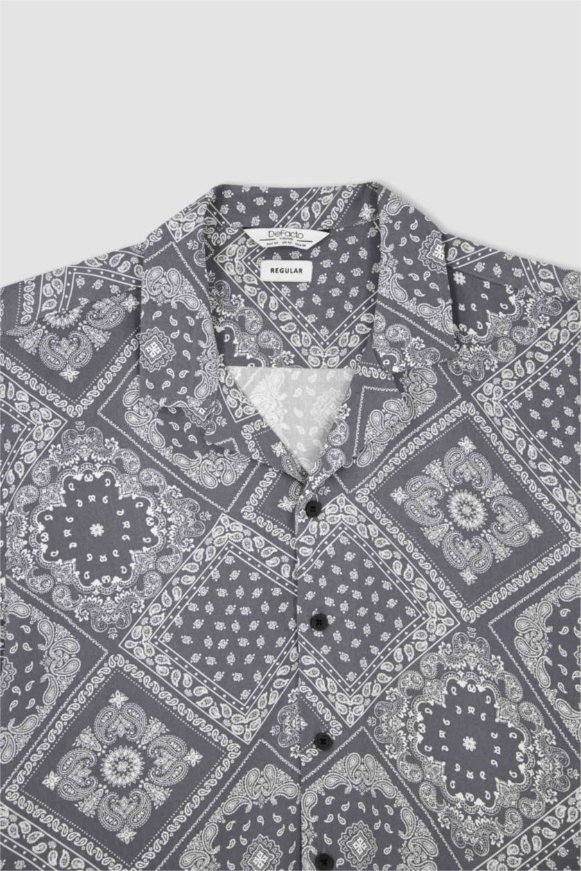 MAN Dark Anthracite Regular Fit Apache Neck Viscose Printed Short Sleeve Shirt