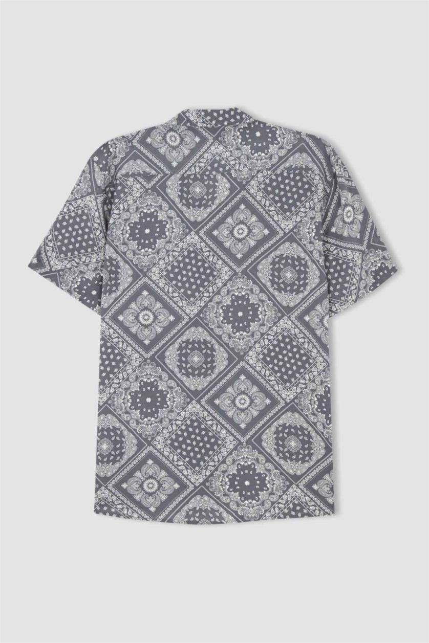 MAN Dark Anthracite Regular Fit Apache Neck Viscose Printed Short Sleeve Shirt