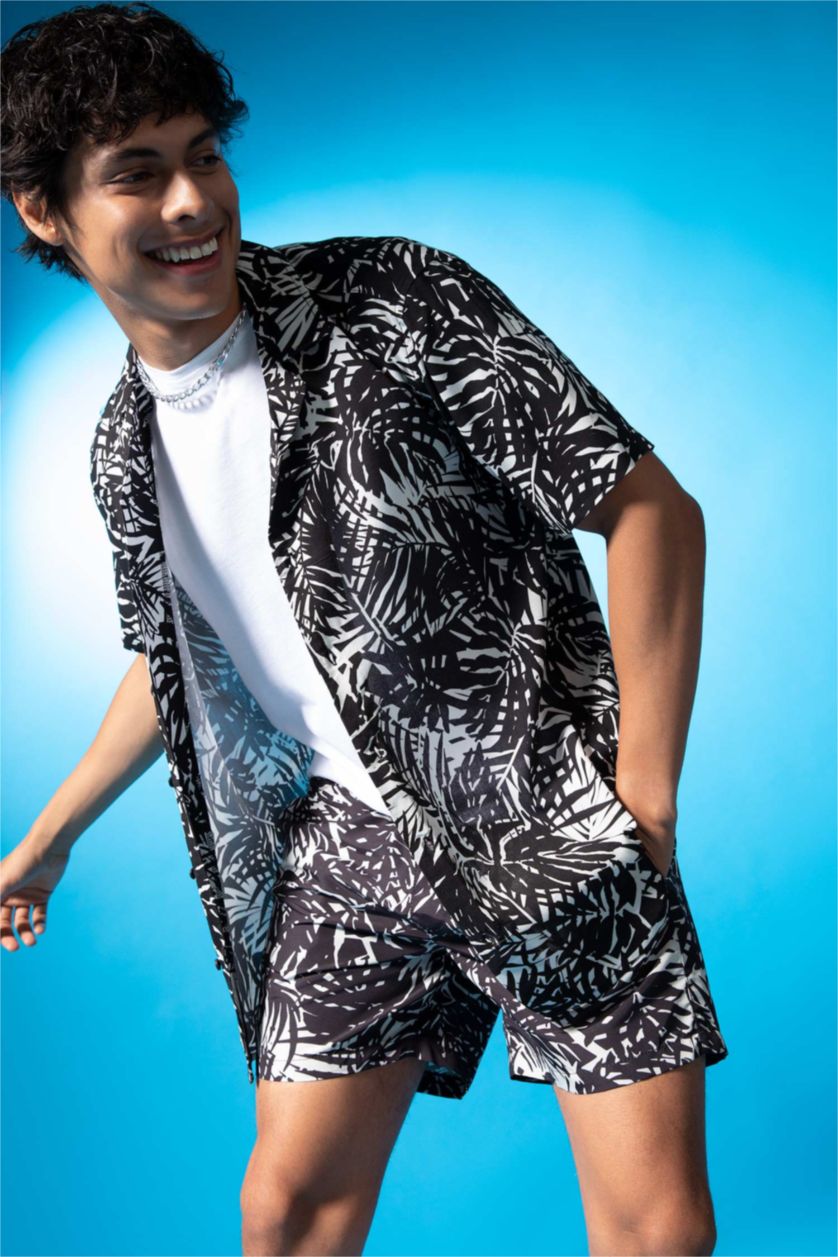 MAN Black Regular Fit Short Sleeve Palm Print Viscose Shirt