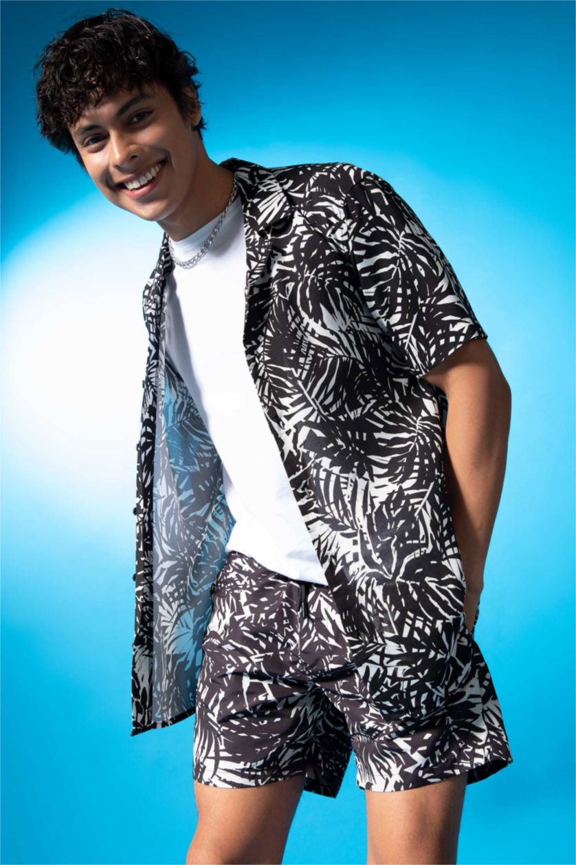 MAN Black Regular Fit Short Sleeve Palm Print Viscose Shirt