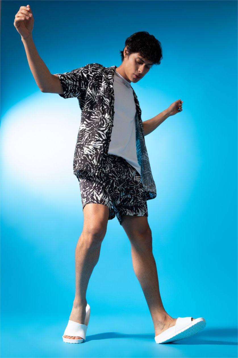 MAN Black Regular Fit Short Sleeve Palm Print Viscose Shirt