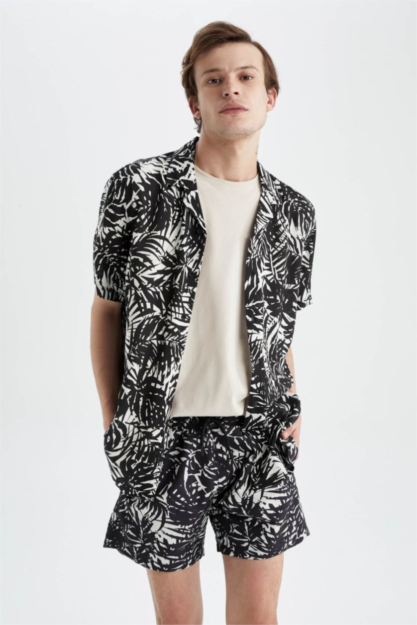 MAN Black Regular Fit Short Sleeve Palm Print Viscose Shirt