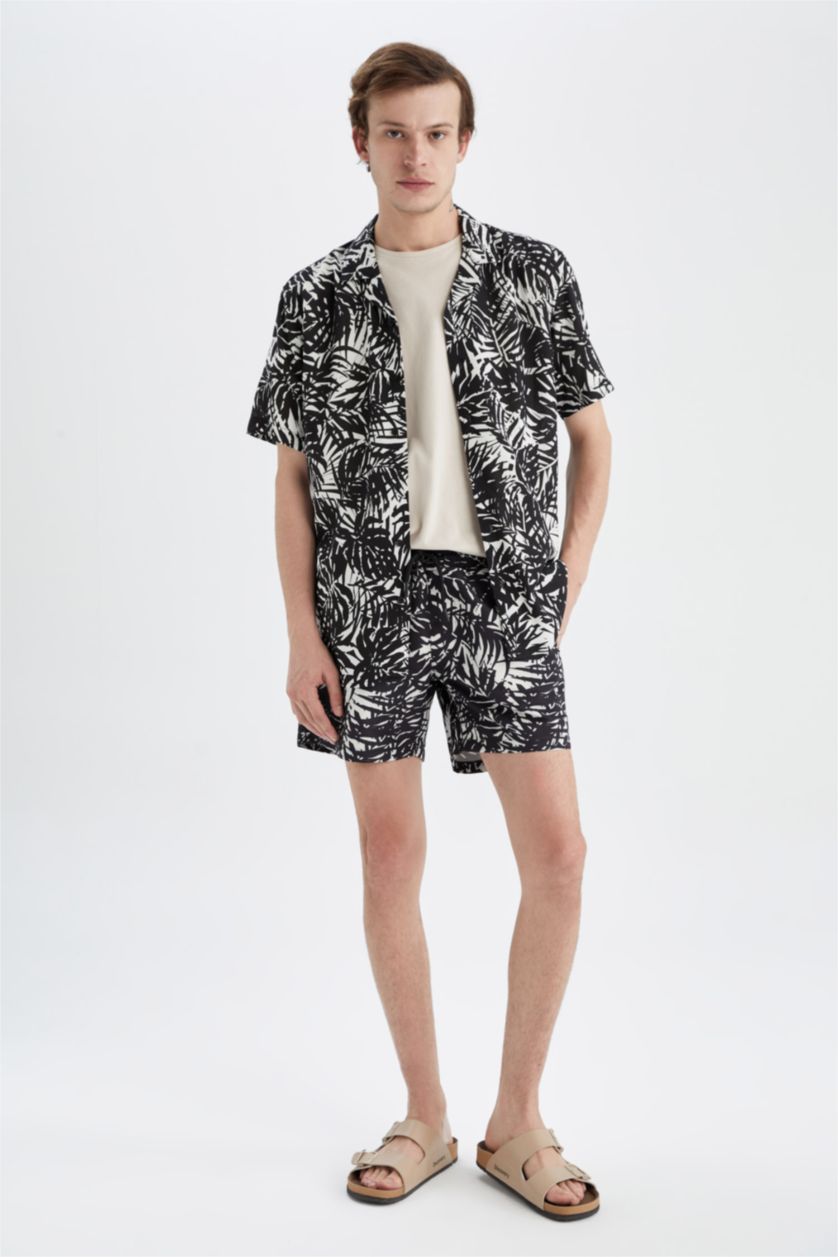 MAN Black Regular Fit Short Sleeve Palm Print Viscose Shirt