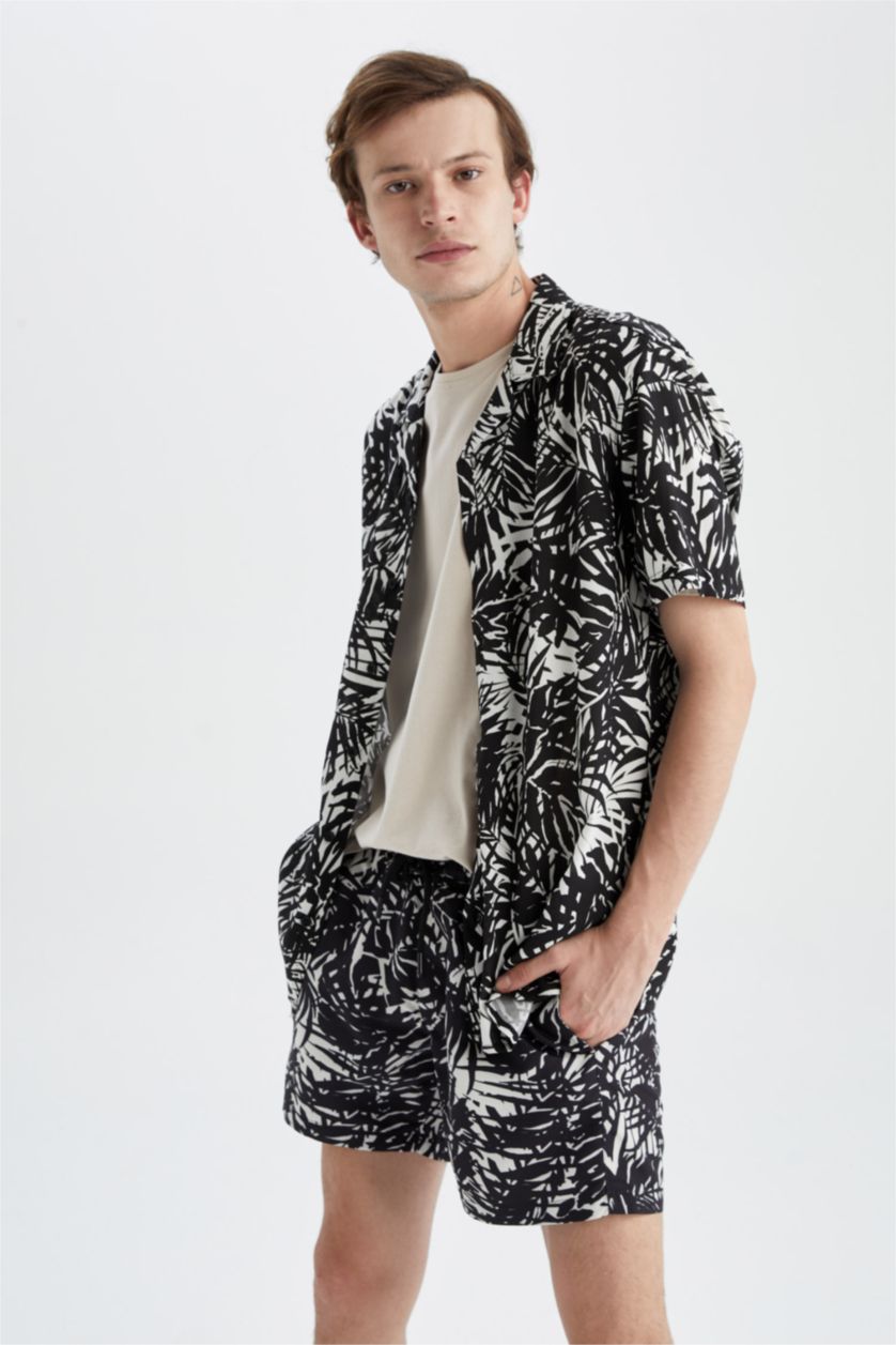 MAN Black Regular Fit Short Sleeve Palm Print Viscose Shirt